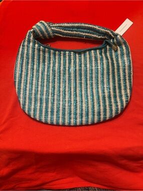Melie Bianco Teal Raffia Woven Knotted-Handle Shoulder Bag